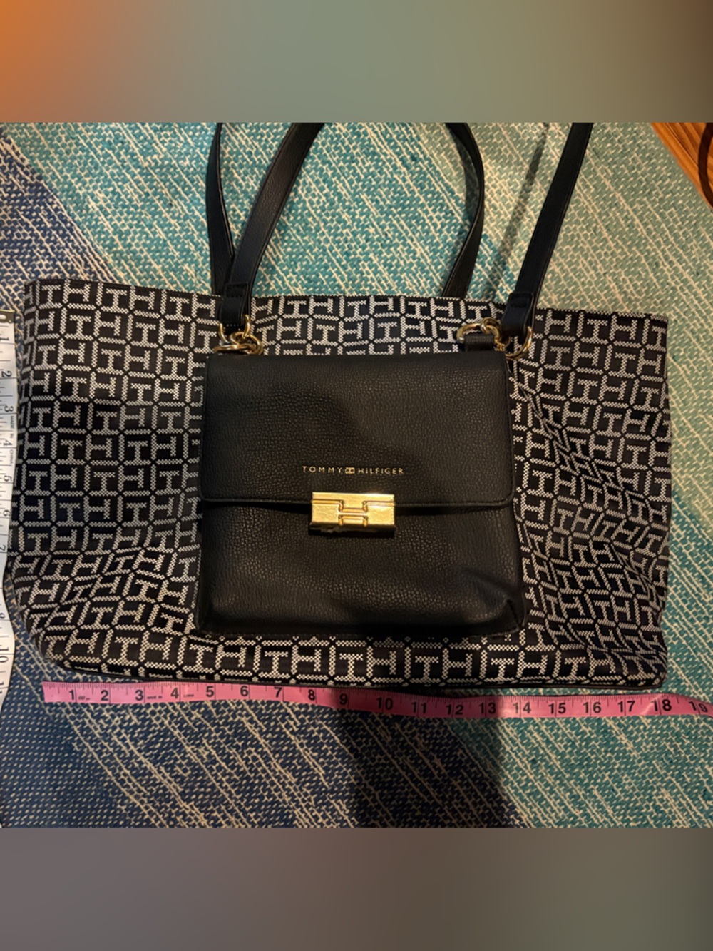 Tommy Hilfiger Black Patterned Tote with Gold-Tone Clasp